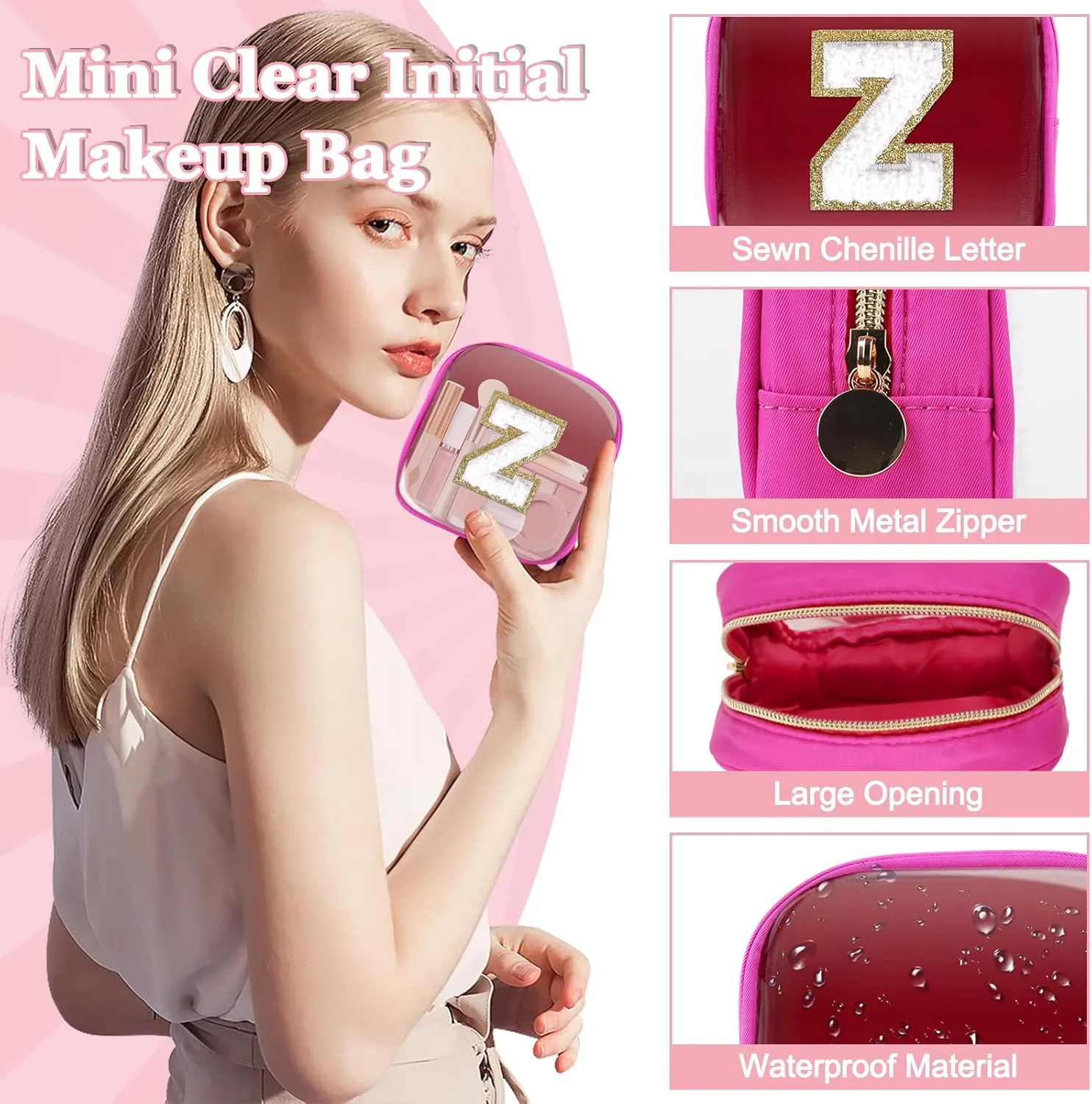 Mini Clear Personalized Initial Makeup Bag, Small Preppy A-Z Chenille Letter Patch Cosmetic Pouch, Transparent PVC & Nylon Waterproof Zip Beach Toiletry Bag,Gift for Women Girls(Hot Pink-White Z)