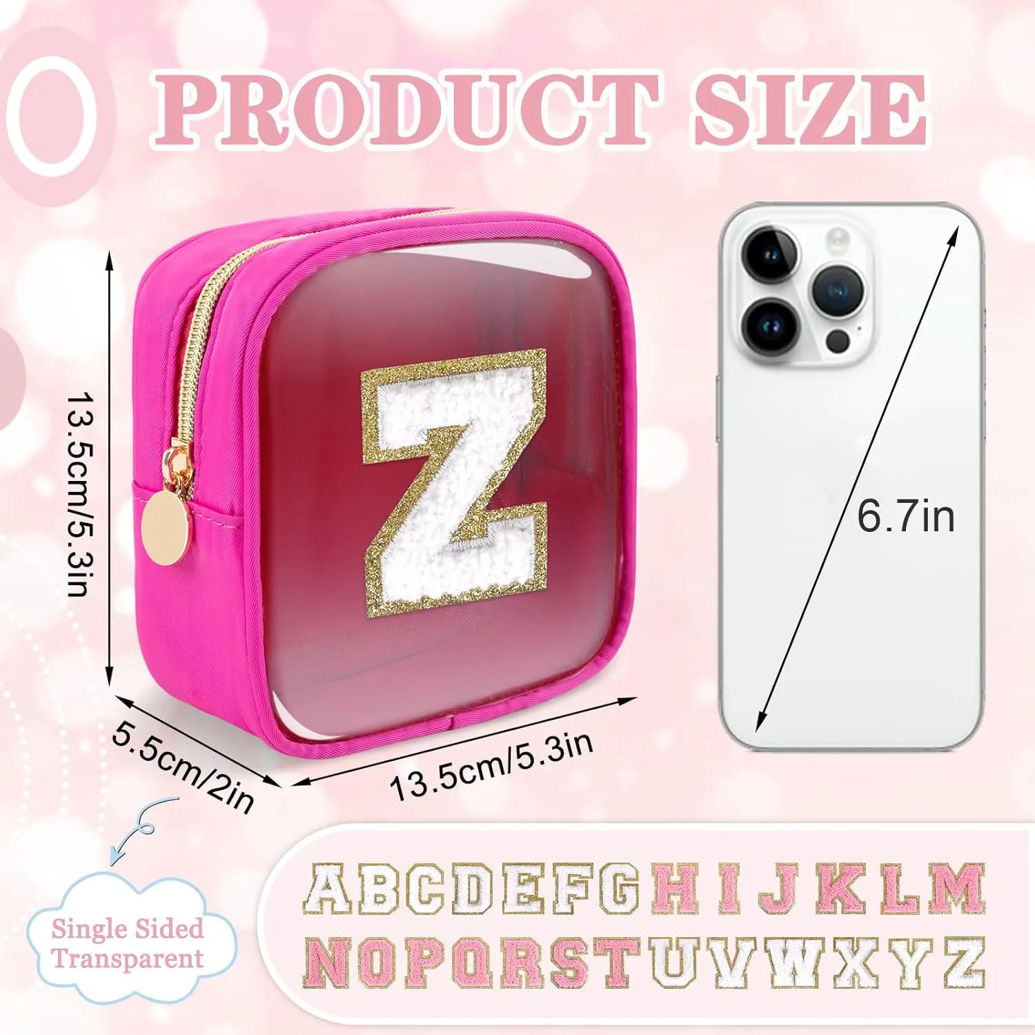 Mini Clear Personalized Initial Makeup Bag, Small Preppy A-Z Chenille Letter Patch Cosmetic Pouch, Transparent PVC & Nylon Waterproof Zip Beach Toiletry Bag,Gift for Women Girls(Hot Pink-White Z)
