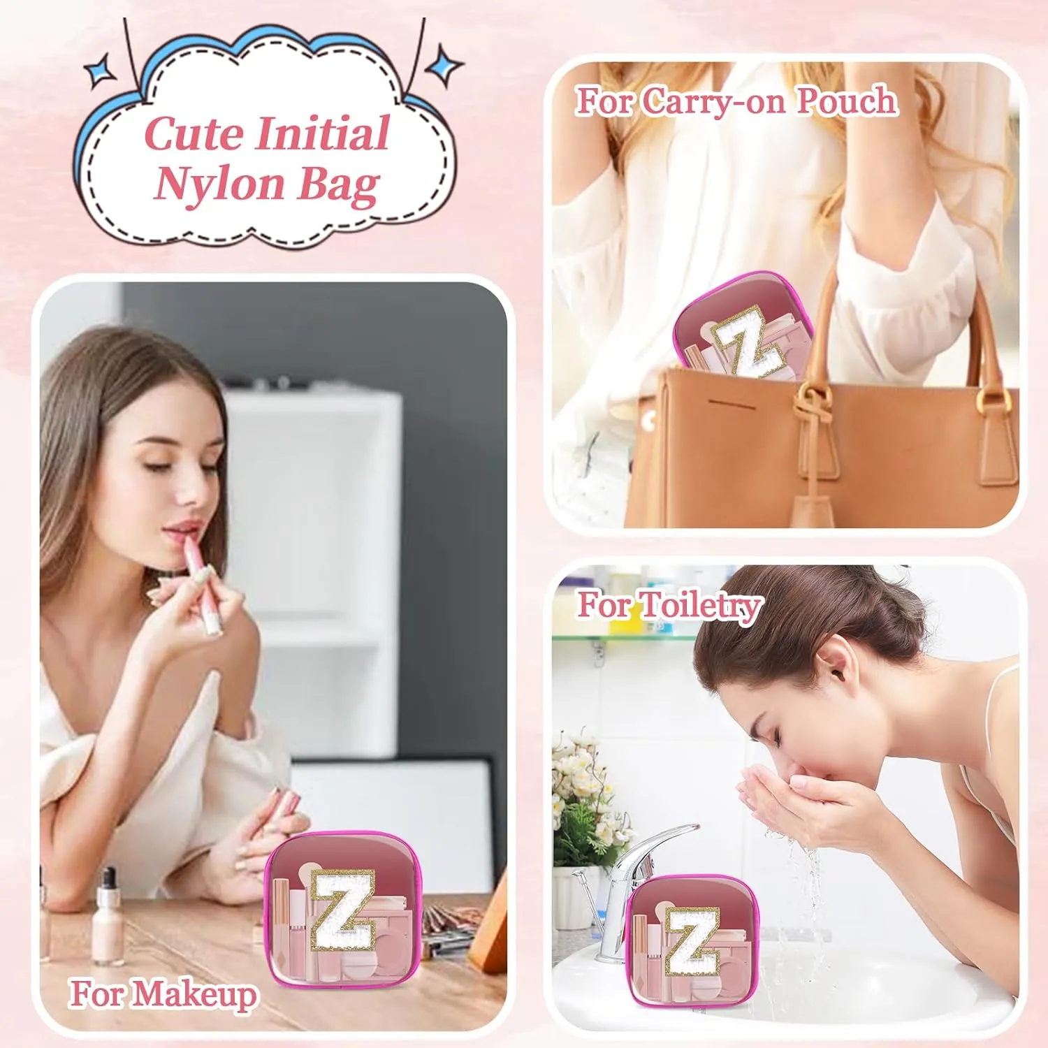 Mini Clear Personalized Initial Makeup Bag, Small Preppy A-Z Chenille Letter Patch Cosmetic Pouch, Transparent PVC & Nylon Waterproof Zip Beach Toiletry Bag,Gift for Women Girls(Hot Pink-White Z)