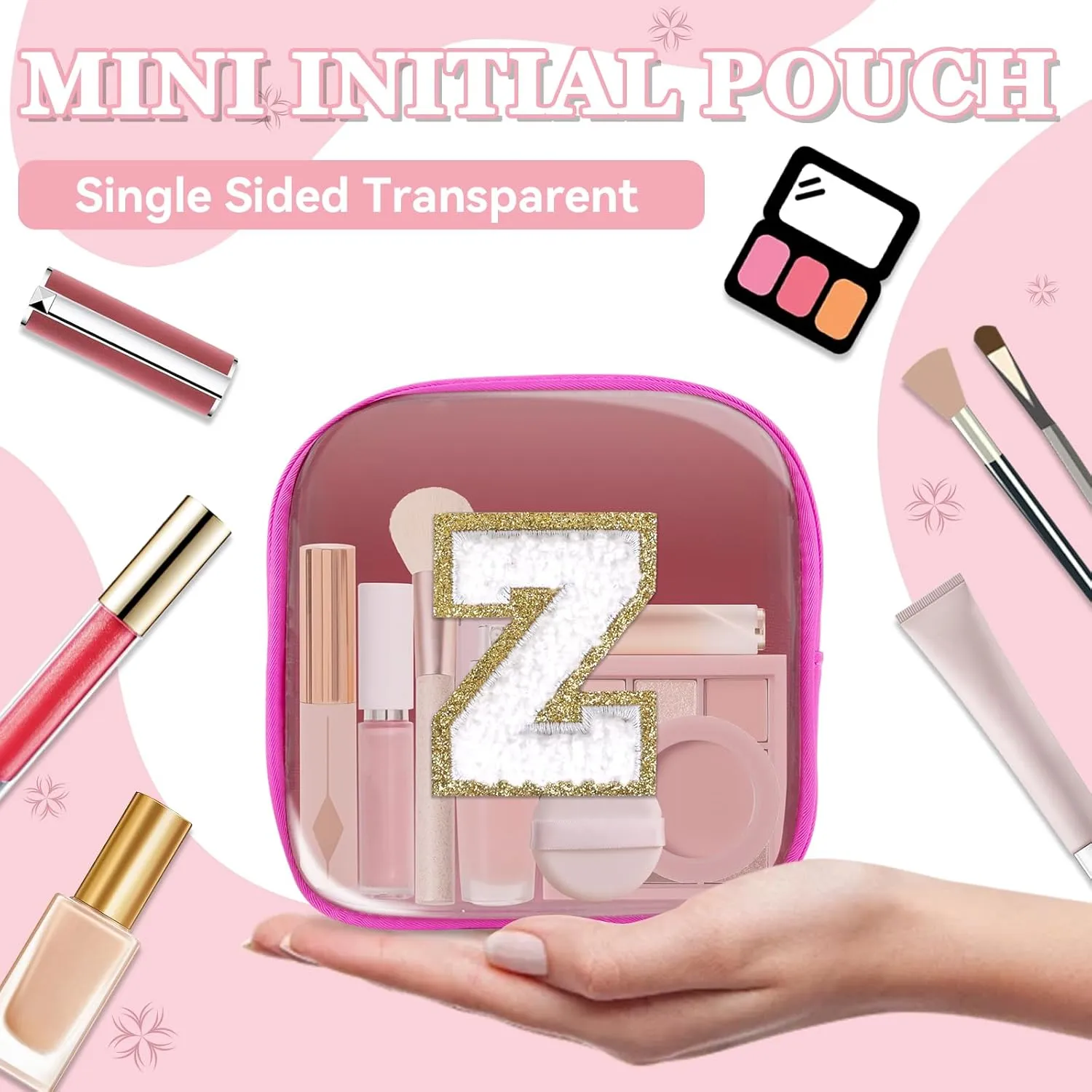 Mini Clear Personalized Initial Makeup Bag, Small Preppy A-Z Chenille Letter Patch Cosmetic Pouch, Transparent PVC & Nylon Waterproof Zip Beach Toiletry Bag,Gift for Women Girls(Hot Pink-White Z)