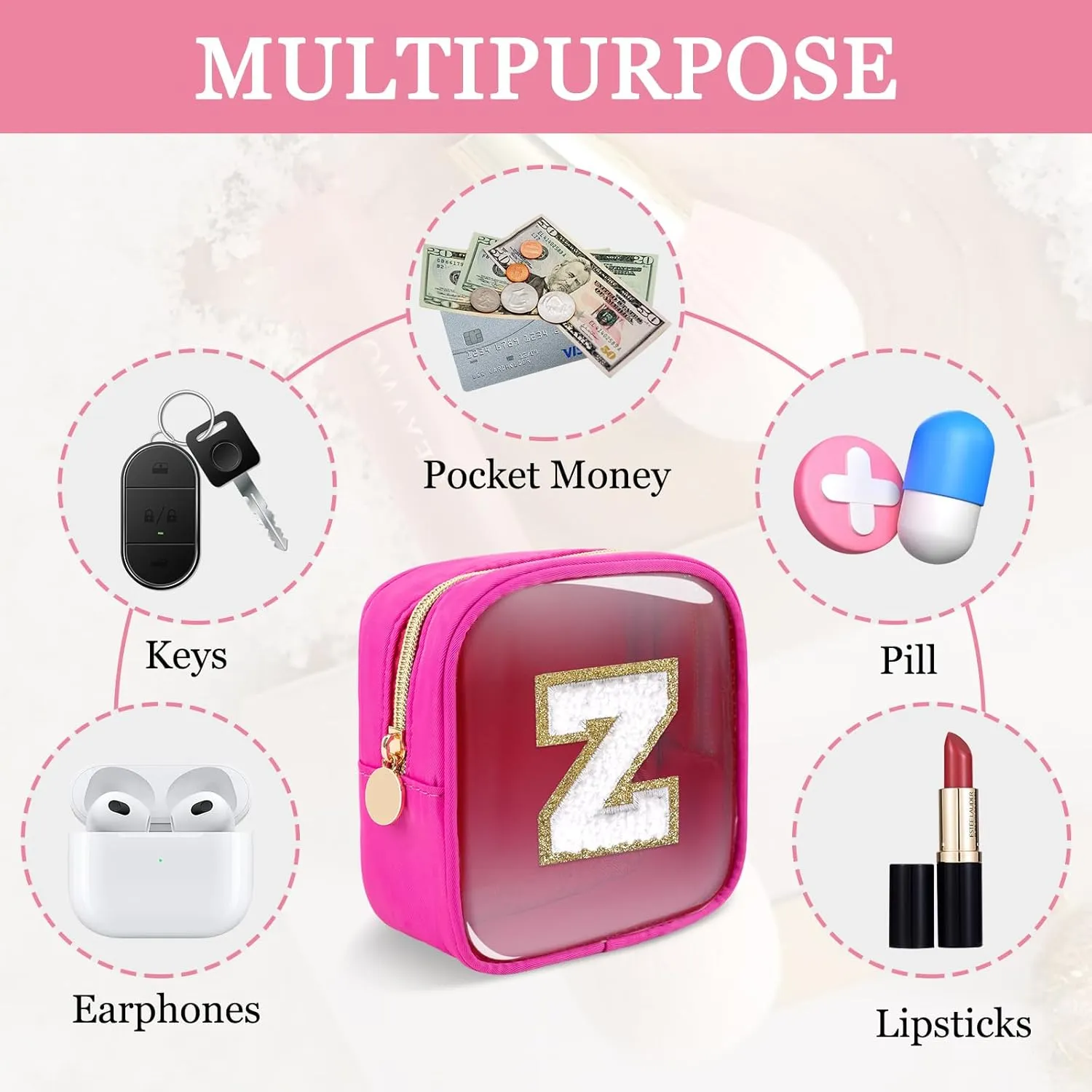 Mini Clear Personalized Initial Makeup Bag, Small Preppy A-Z Chenille Letter Patch Cosmetic Pouch, Transparent PVC & Nylon Waterproof Zip Beach Toiletry Bag,Gift for Women Girls(Hot Pink-White Z)