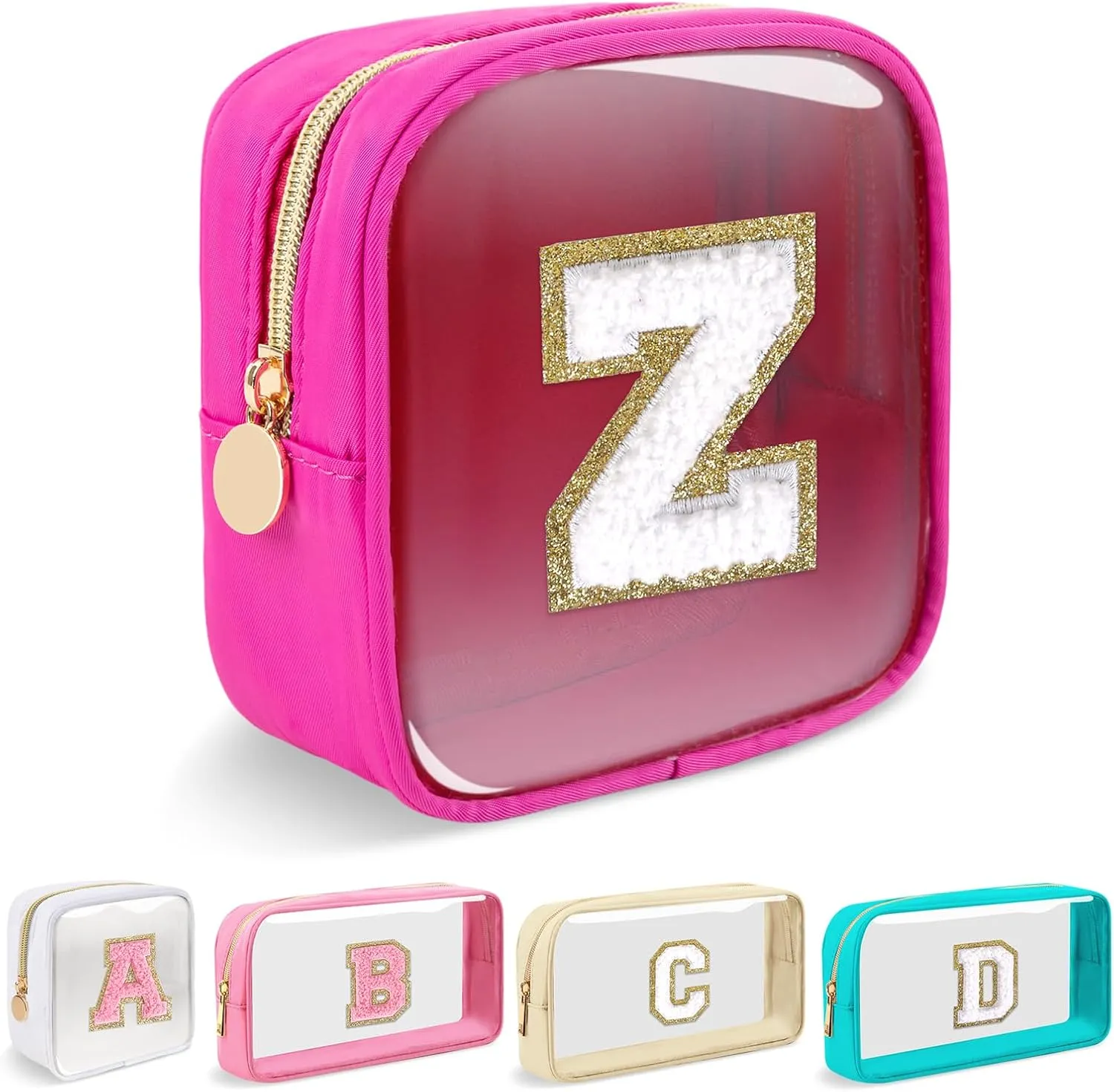 Mini Clear Personalized Initial Makeup Bag, Small Preppy A-Z Chenille Letter Patch Cosmetic Pouch, Transparent PVC & Nylon Waterproof Zip Beach Toiletry Bag,Gift for Women Girls(Hot Pink-White Z)