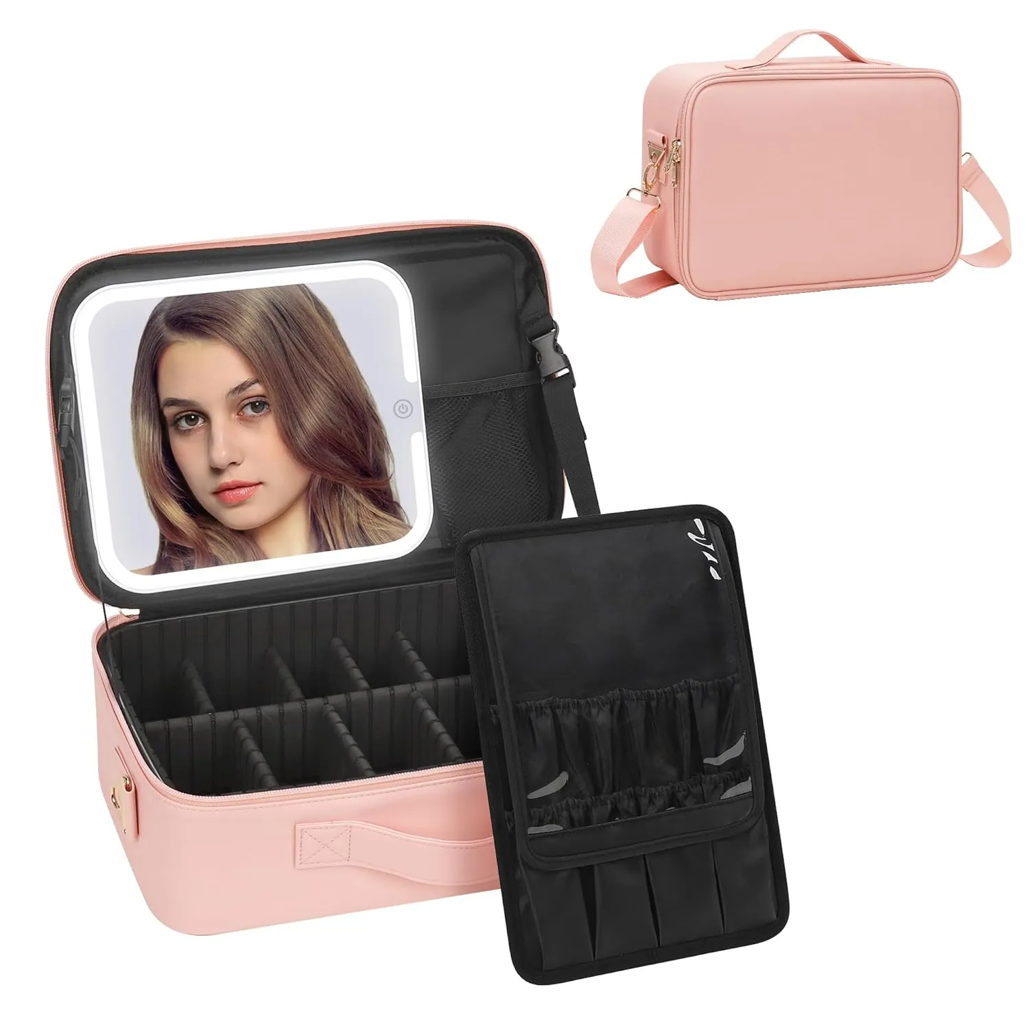 MONSTINA Makeup Bag with LED Mirror,Lighted Make up Travel Case Cosmetic Bag Professional Cosmetic Artist Organizer with LED Light Mirror,3 Adjustable Brightness for Girls and Women,Middle Pink