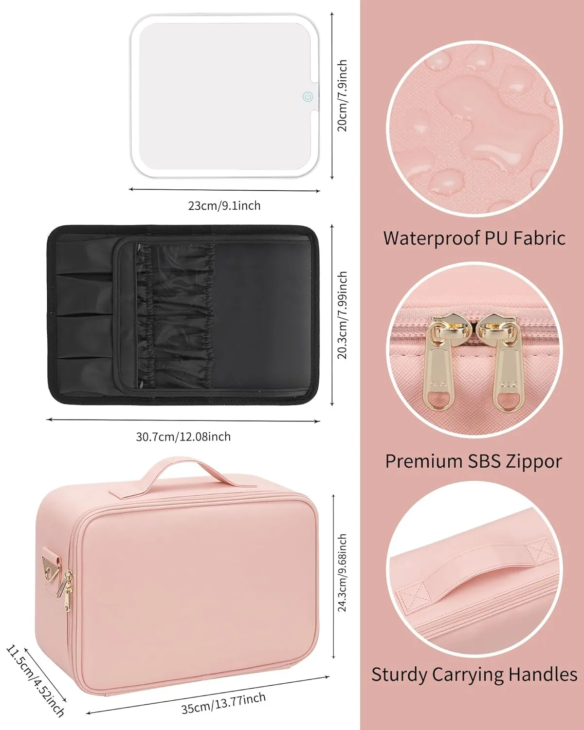 MONSTINA Makeup Bag with LED Mirror,Lighted Make up Travel Case Cosmetic Bag Professional Cosmetic Artist Organizer with LED Light Mirror,3 Adjustable Brightness for Girls and Women,Middle Pink