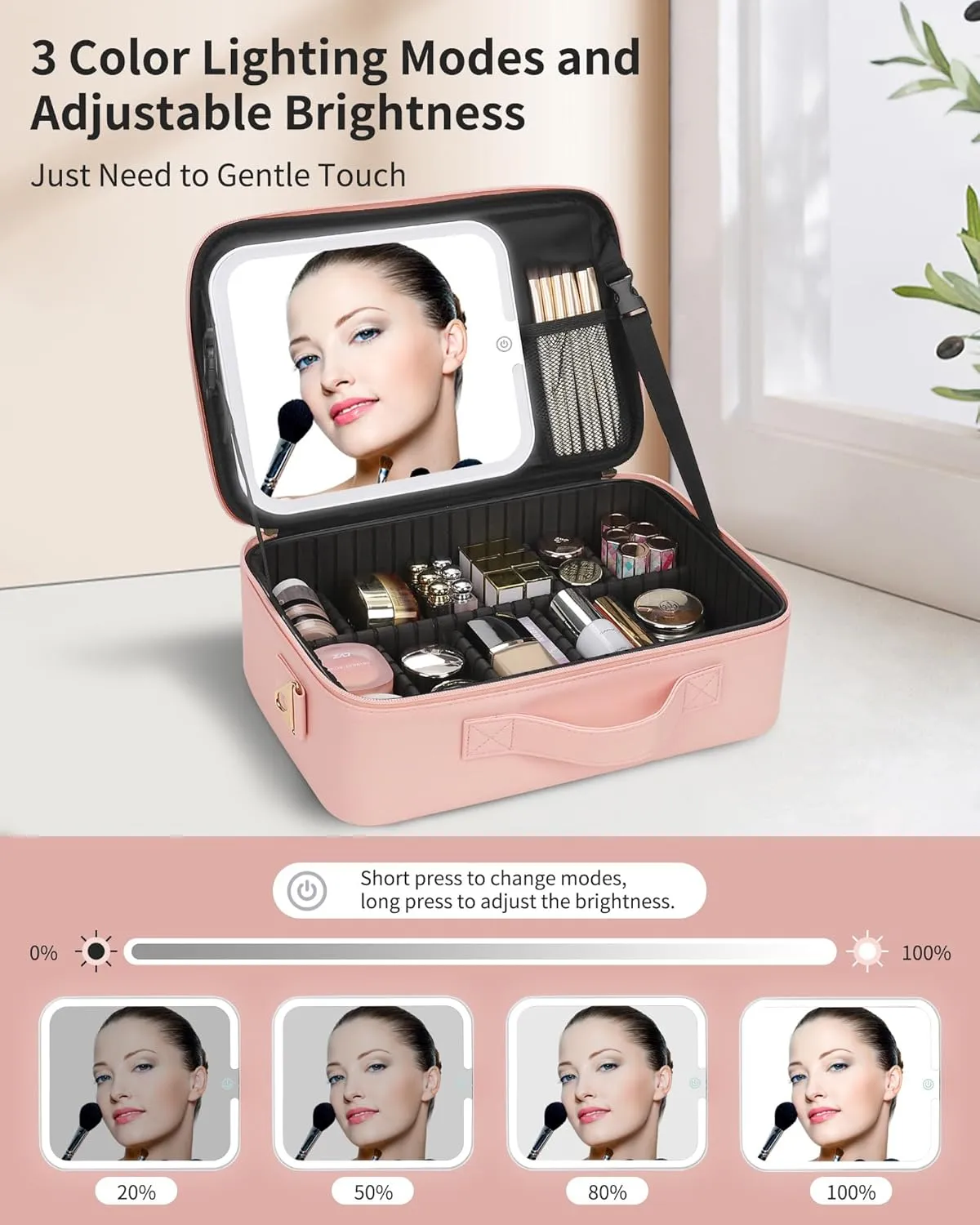 MONSTINA Makeup Bag with LED Mirror,Lighted Make up Travel Case Cosmetic Bag Professional Cosmetic Artist Organizer with LED Light Mirror,3 Adjustable Brightness for Girls and Women,Middle Pink