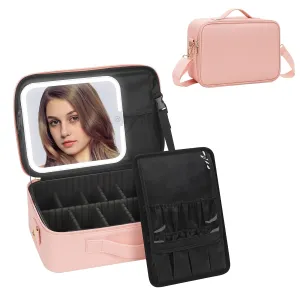 MONSTINA Makeup Bag with LED Mirror,Lighted Make up Travel Case Cosmetic Bag Professional Cosmetic Artist Organizer with LED Light Mirror,3 Adjustable Brightness for Girls and Women,Middle Pink