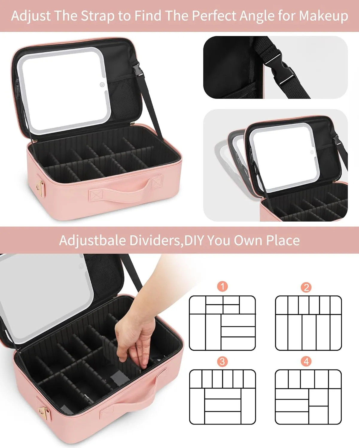 MONSTINA Makeup Bag with LED Mirror,Lighted Make up Travel Case Cosmetic Bag Professional Cosmetic Artist Organizer with LED Light Mirror,3 Adjustable Brightness for Girls and Women,Middle Pink