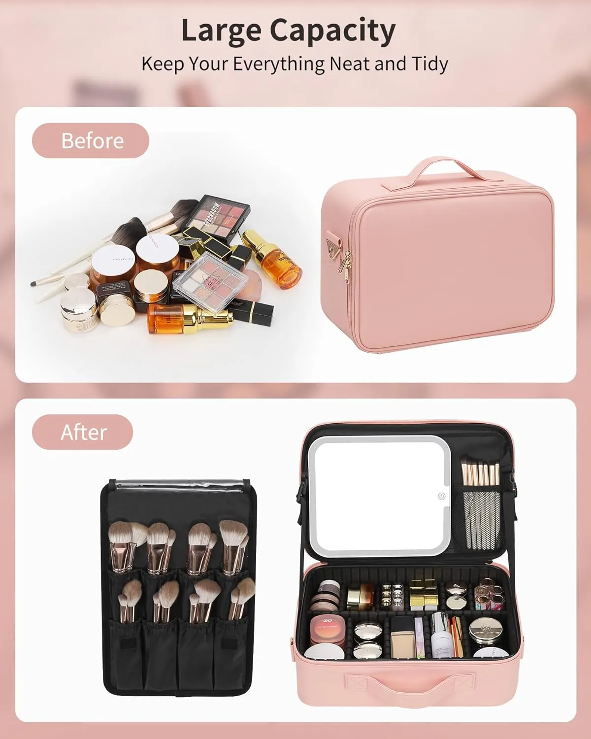 MONSTINA Makeup Bag with LED Mirror,Lighted Make up Travel Case Cosmetic Bag Professional Cosmetic Artist Organizer with LED Light Mirror,3 Adjustable Brightness for Girls and Women,Middle Pink