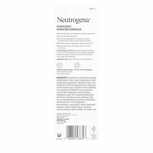 Neutrogena Hydro Boost Hydrating Concealer Stick for Dry Skin, Oil-Free, Lightweight, Non-Greasy and Non-Comedogenic Cover-Up Makeup with Hyaluronic Acid, 10/Fair, 0.12 Oz