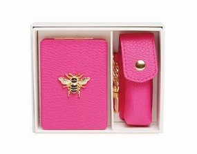 Oblong Compact Mirror & Lipstick Holder Gift Set In Hot Pink