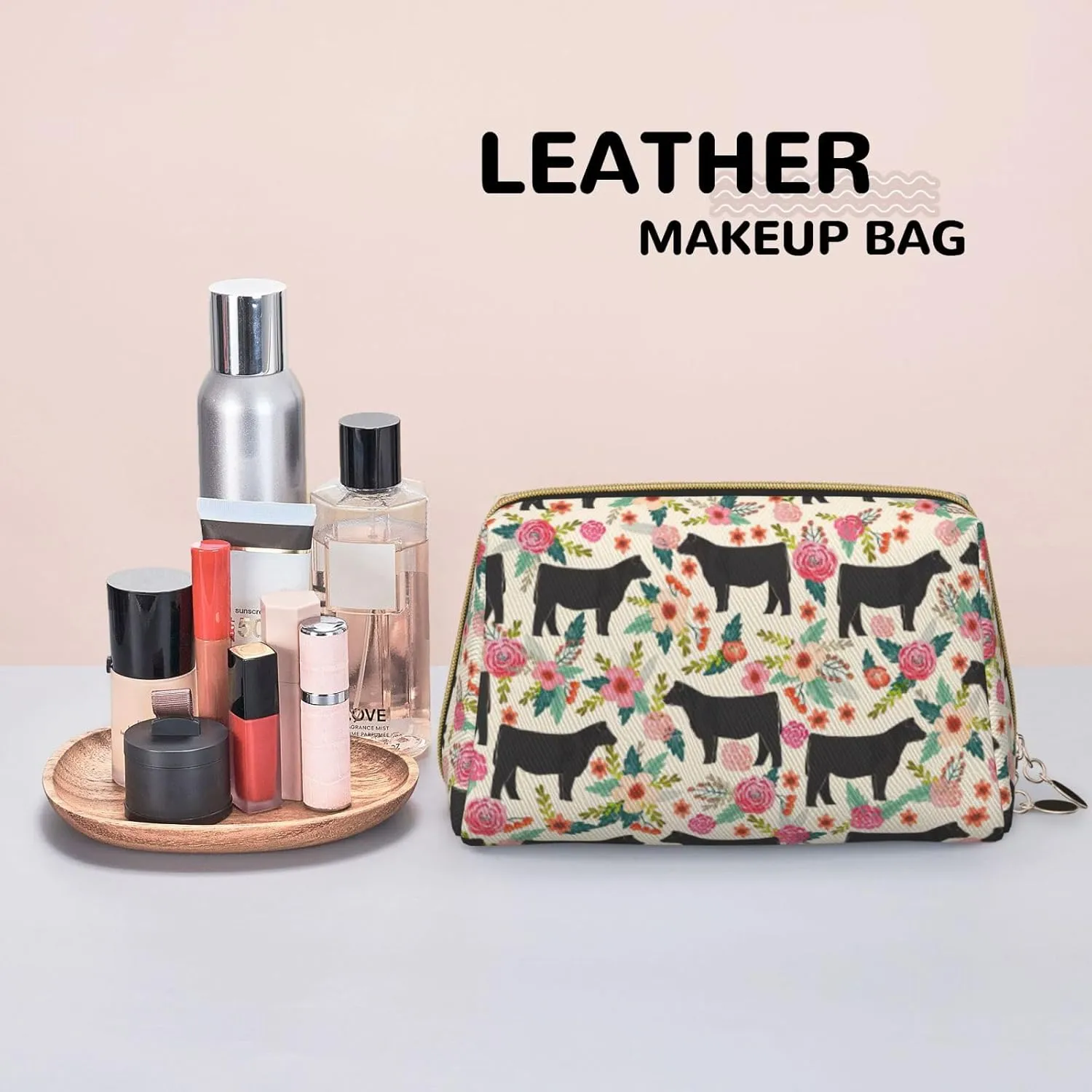 Pink Flower Show Steer Cows Cattle Toiletry Pouch, Travel-Friendly Makeup Organizer For Makeup Brushes, Lipsticks
