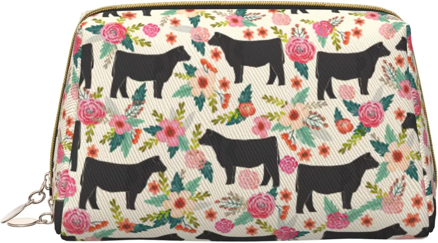 Pink Flower Show Steer Cows Cattle Toiletry Pouch, Travel-Friendly Makeup Organizer For Makeup Brushes, Lipsticks