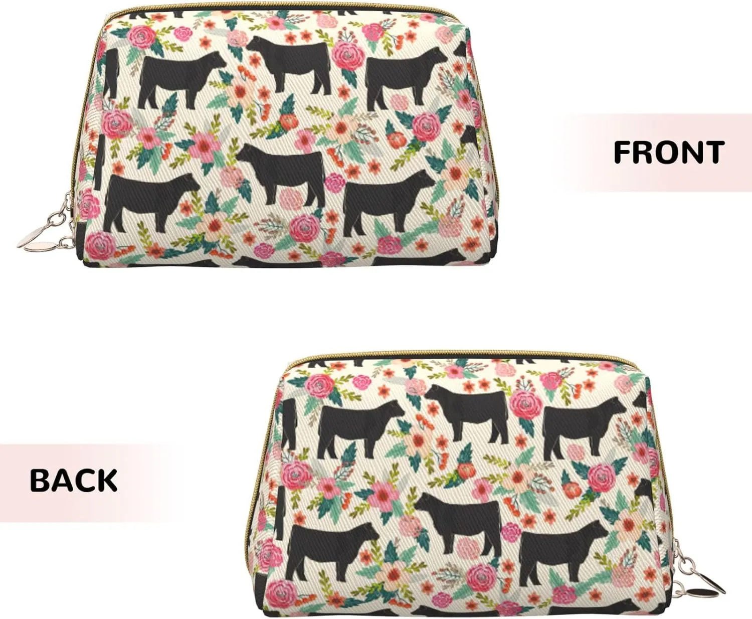 Pink Flower Show Steer Cows Cattle Toiletry Pouch, Travel-Friendly Makeup Organizer For Makeup Brushes, Lipsticks