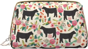 Pink Flower Show Steer Cows Cattle Toiletry Pouch, Travel-Friendly Makeup Organizer For Makeup Brushes, Lipsticks