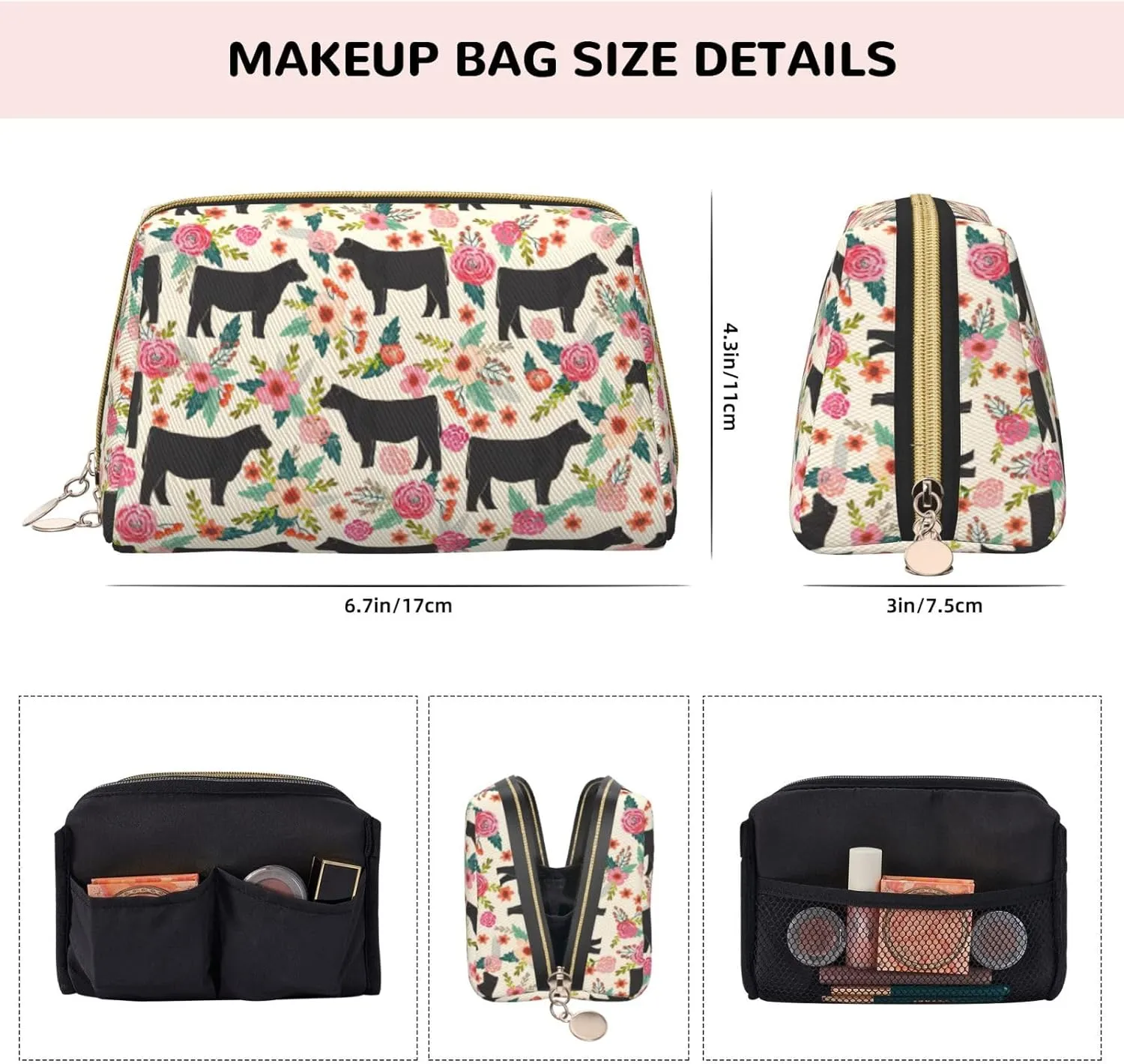 Pink Flower Show Steer Cows Cattle Toiletry Pouch, Travel-Friendly Makeup Organizer For Makeup Brushes, Lipsticks