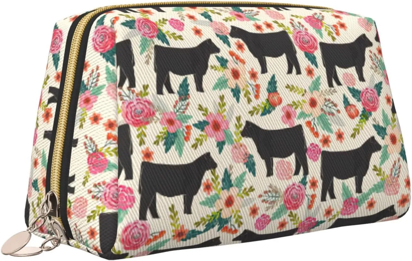 Pink Flower Show Steer Cows Cattle Toiletry Pouch, Travel-Friendly Makeup Organizer For Makeup Brushes, Lipsticks