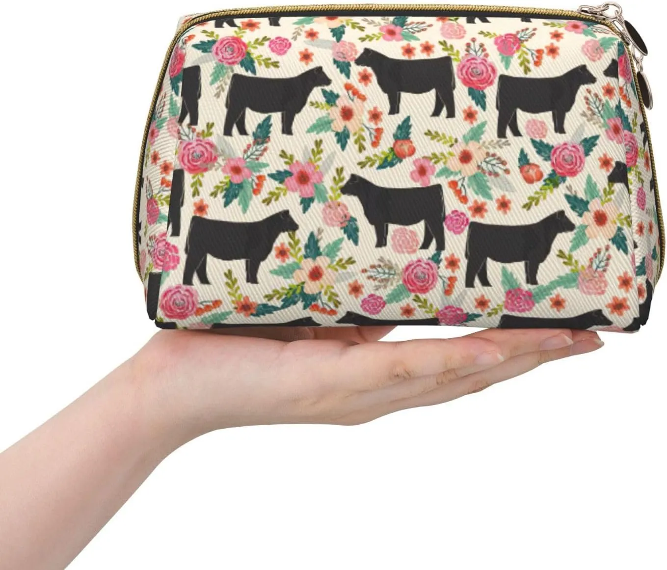 Pink Flower Show Steer Cows Cattle Toiletry Pouch, Travel-Friendly Makeup Organizer For Makeup Brushes, Lipsticks