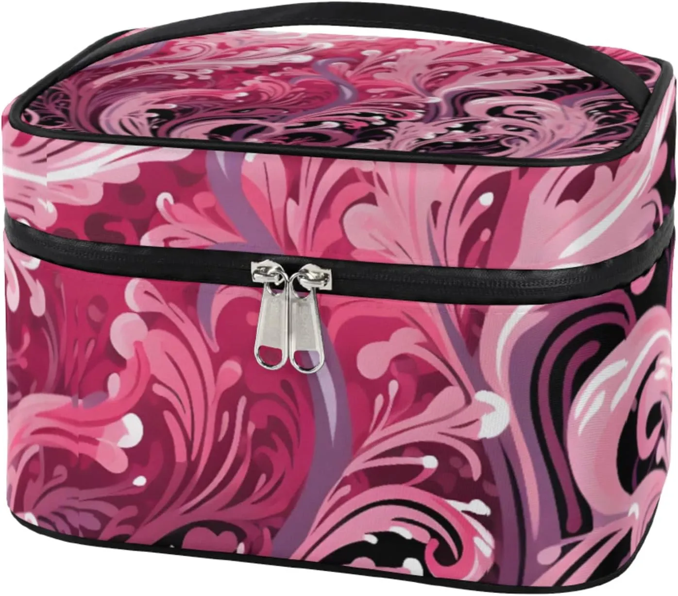 Pink Seaweed Coral Sea Makeup Bag Large Opening Cosmetic Bag Portable Makeup Case Organizer Toiletry Bags for Women Daily Traveling With Handle Grids Smooth Zipper Divider Makeup Pouch