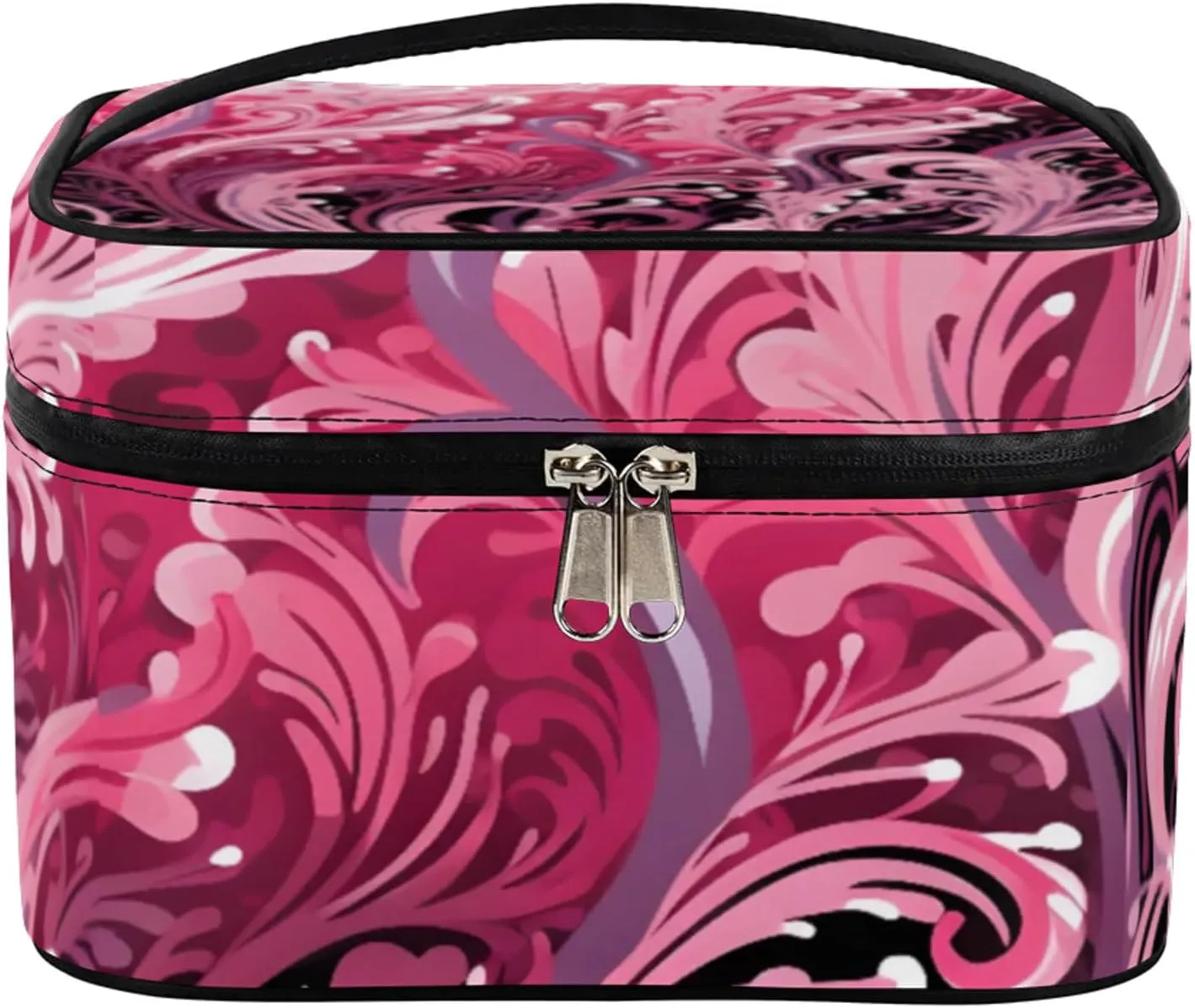 Pink Seaweed Coral Sea Makeup Bag Large Opening Cosmetic Bag Portable Makeup Case Organizer Toiletry Bags for Women Daily Traveling With Handle Grids Smooth Zipper Divider Makeup Pouch
