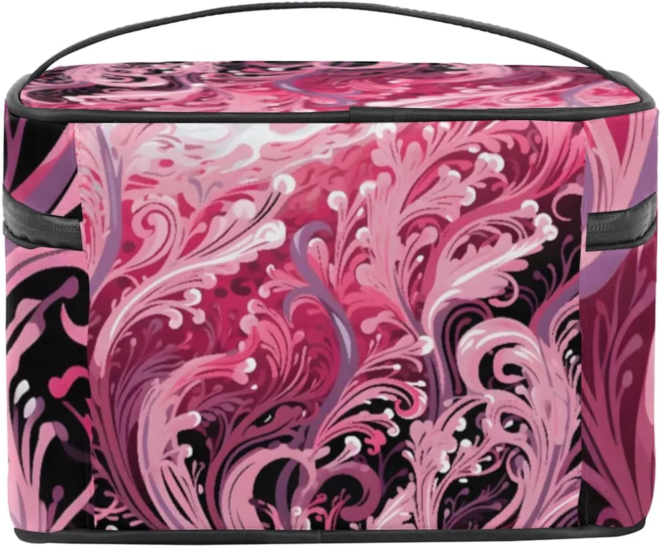 Pink Seaweed Coral Sea Makeup Bag Large Opening Cosmetic Bag Portable Makeup Case Organizer Toiletry Bags for Women Daily Traveling With Handle Grids Smooth Zipper Divider Makeup Pouch