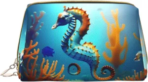 Seabed Coral Seahorse Leather Portable Large Makeup Bag, Pvc Leather, Zipper Closure,Toiletry Bag Travel Bag, Travel Storage Bag