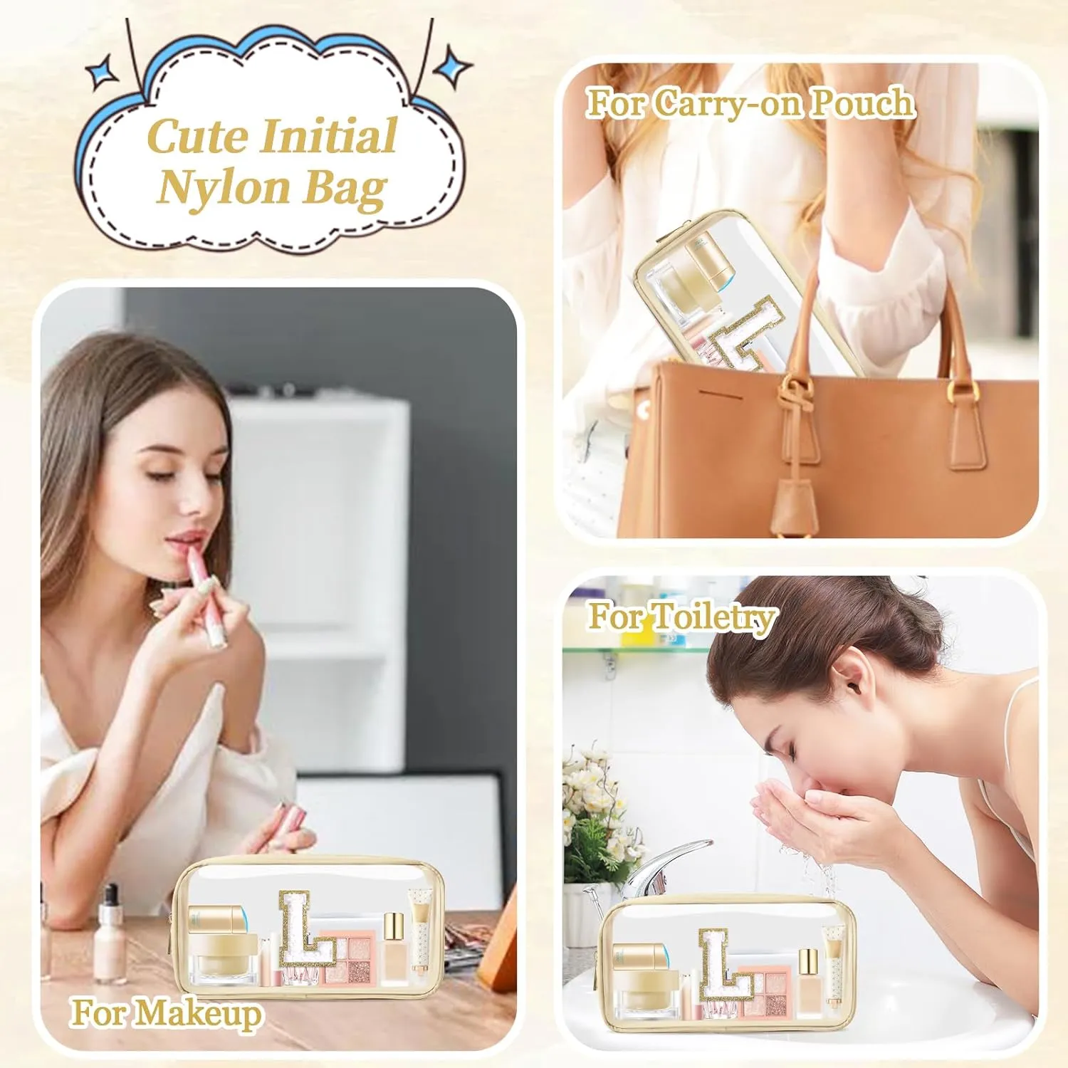 Small Clear Personalized Initial Makeup Bag,Nylon Preppy A-Z Chenille Letter Patch Cosmetic Pouch Beach Toiletry Bag,Waterproof Zipper Travel Purse Storage Bag Organizer for Women Girls(Beige-White L)