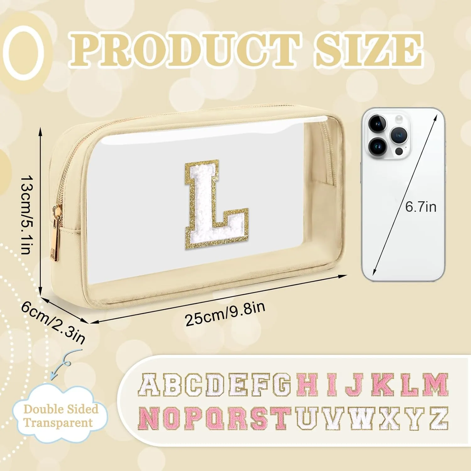 Small Clear Personalized Initial Makeup Bag,Nylon Preppy A-Z Chenille Letter Patch Cosmetic Pouch Beach Toiletry Bag,Waterproof Zipper Travel Purse Storage Bag Organizer for Women Girls(Beige-White L)