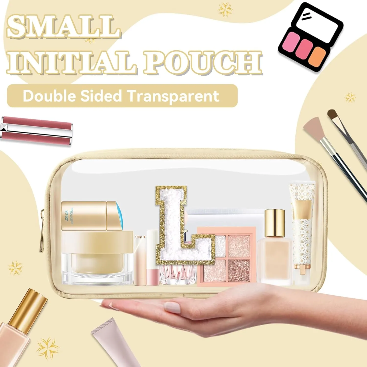 Small Clear Personalized Initial Makeup Bag,Nylon Preppy A-Z Chenille Letter Patch Cosmetic Pouch Beach Toiletry Bag,Waterproof Zipper Travel Purse Storage Bag Organizer for Women Girls(Beige-White L)
