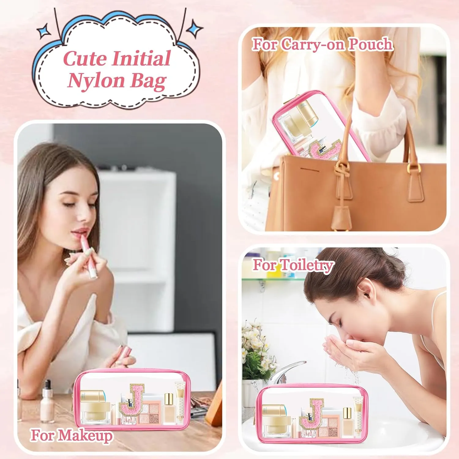 Small Clear Personalized Initial Makeup Bag,Nylon Preppy A-Z Chenille Letter Patch Cosmetic Pouch Beach Toiletry Bag,Waterproof Zipper Travel Purse Storage Bag Organizer for Women Girls(Pink-Pink J)