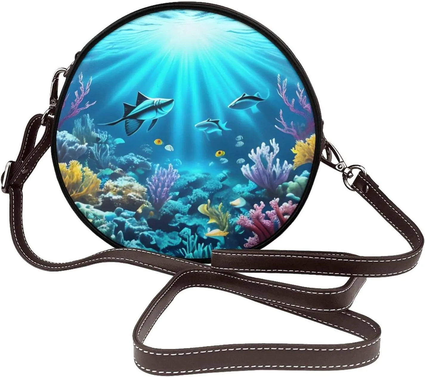 Submarine Coral Rays Removable Shoulder Strap Waterproof Leather Shoulder Round Bag Crossbody Bag Travel Shopping Dating Handbag Purse
