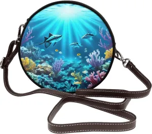 Submarine Coral Rays Removable Shoulder Strap Waterproof Leather Shoulder Round Bag Crossbody Bag Travel Shopping Dating Handbag Purse