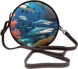 Submarine Shark Coral Removable Shoulder Strap Waterproof Leather Shoulder Round Bag Crossbody Bag Travel Shopping Dating Handbag Purse