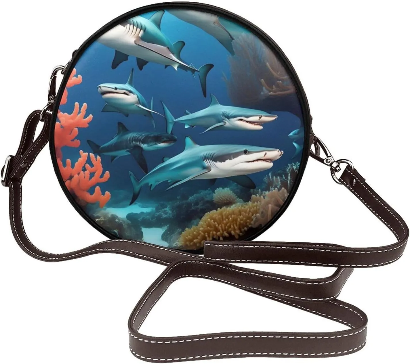 Submarine Shark Coral Removable Shoulder Strap Waterproof Leather Shoulder Round Bag Crossbody Bag Travel Shopping Dating Handbag Purse
