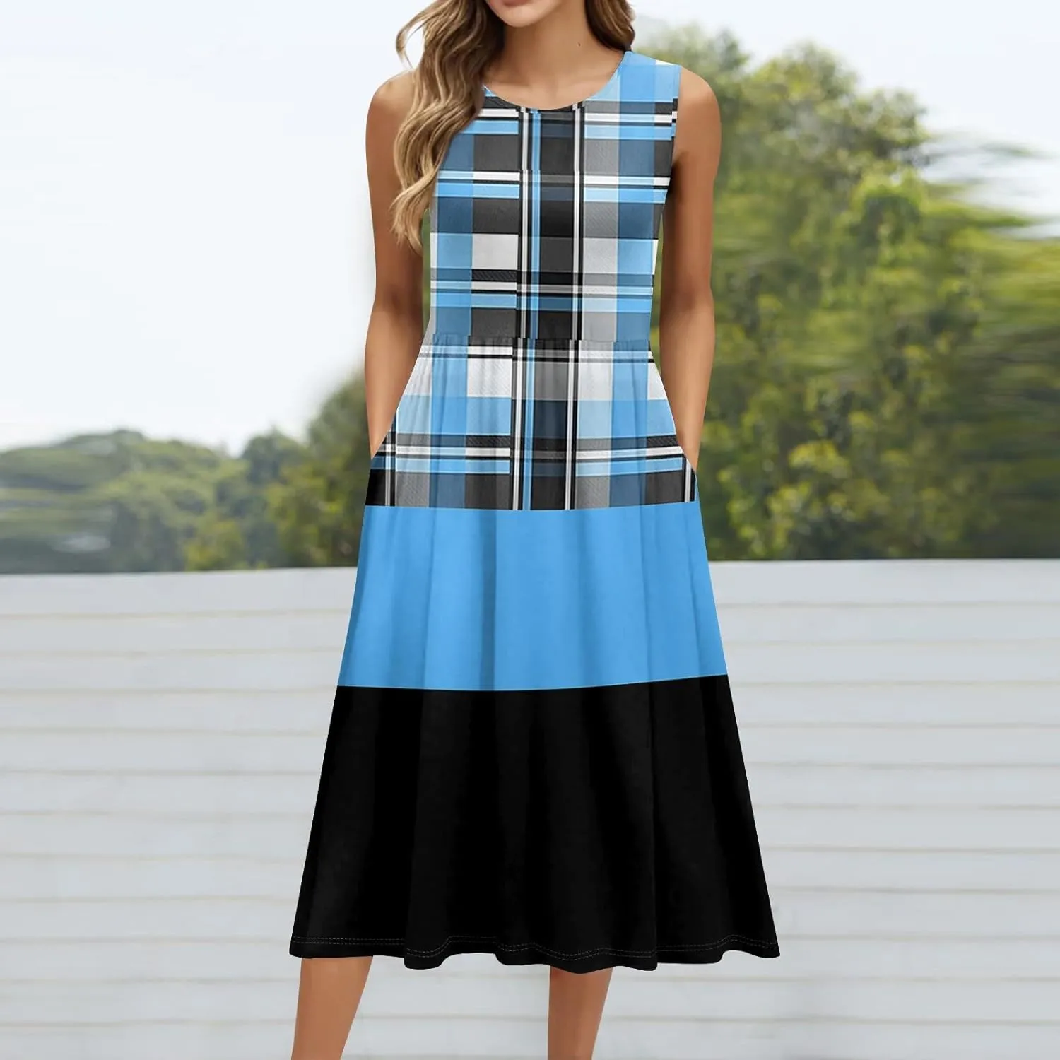 Summer Dresses for Women 2025 Casual Loose Fit Crew Neck Sleeveless Sundresses Elegant Comfy Floral Graphic Dress with Pocket