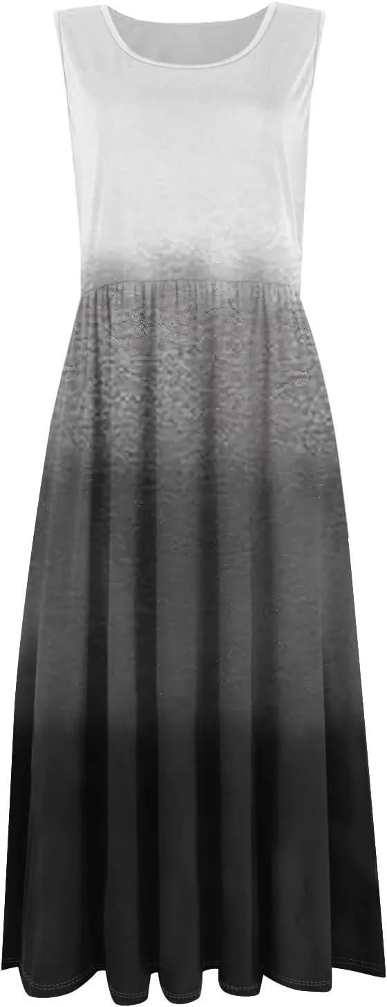 Summer Dresses for Women 2025 Casual Loose Fit Crew Neck Sleeveless Sundresses Elegant Comfy Floral Graphic Dress with Pocket