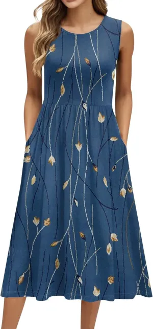 Summer Dresses for Women 2025 Casual Loose Fit Crew Neck Sleeveless Sundresses Elegant Comfy Floral Graphic Dress with Pocket