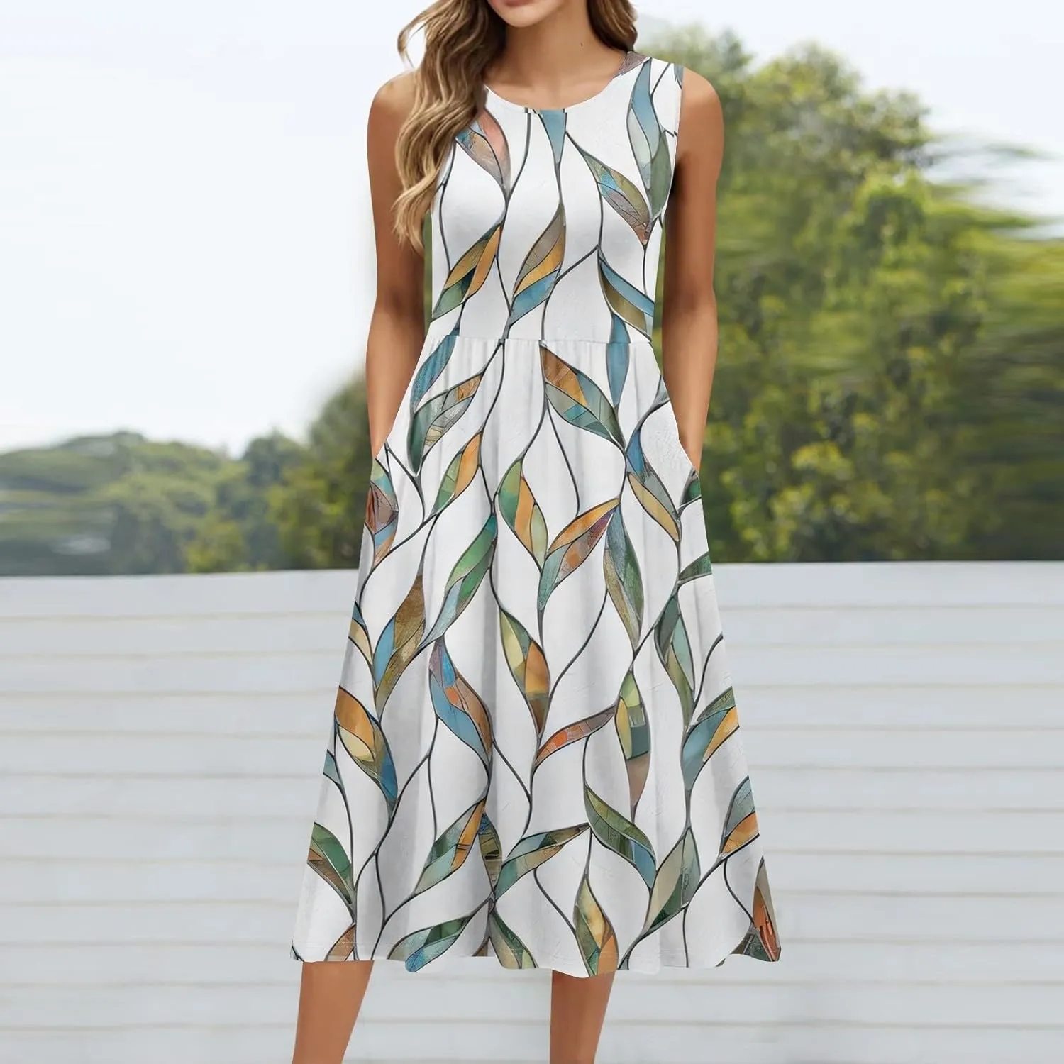 Summer Dresses for Women 2025 Casual Loose Fit Crew Neck Sleeveless Sundresses Elegant Comfy Floral Graphic Dress with Pocket