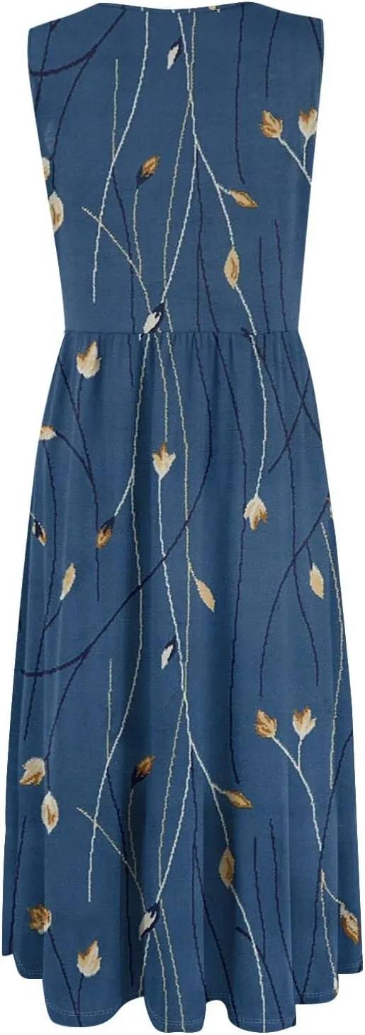 Summer Dresses for Women 2025 Casual Loose Fit Crew Neck Sleeveless Sundresses Elegant Comfy Floral Graphic Dress with Pocket