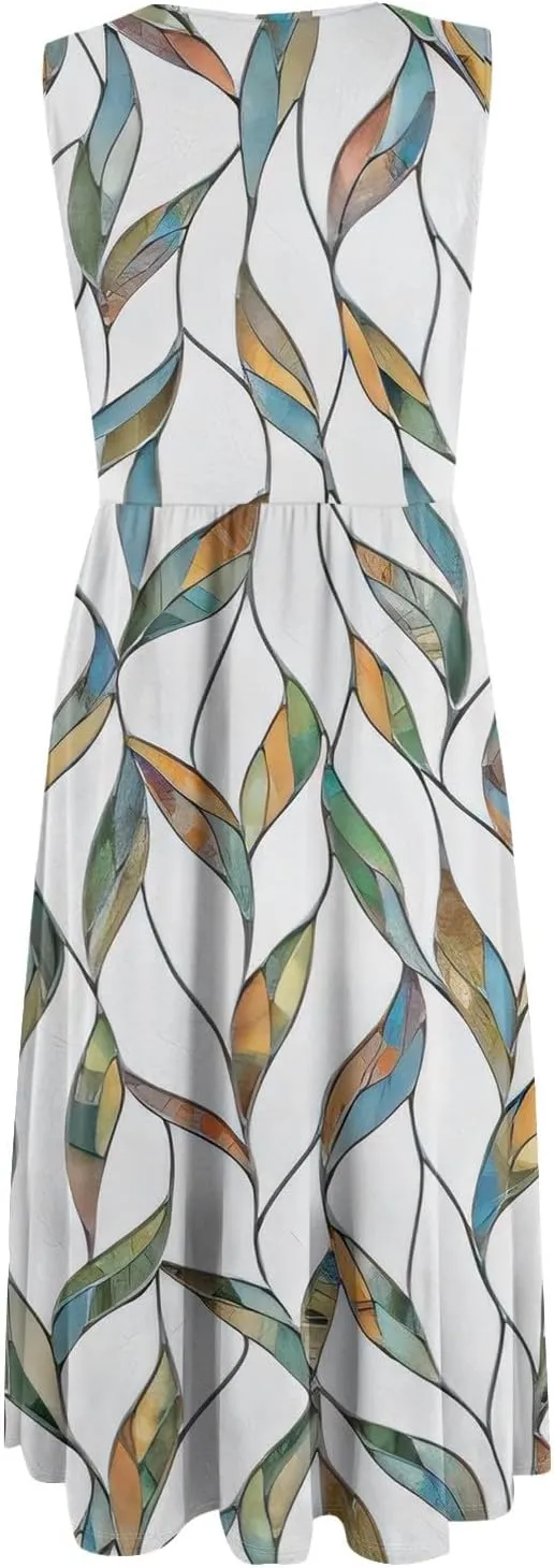 Summer Dresses for Women 2025 Casual Loose Fit Crew Neck Sleeveless Sundresses Elegant Comfy Floral Graphic Dress with Pocket