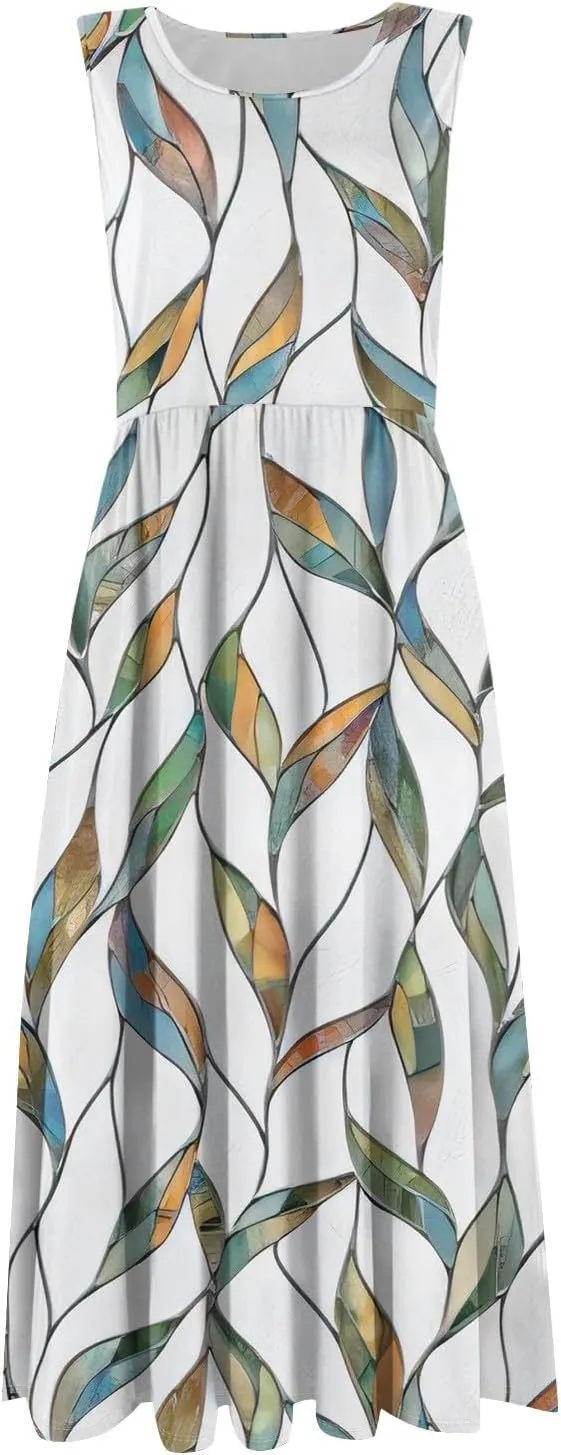 Summer Dresses for Women 2025 Casual Loose Fit Crew Neck Sleeveless Sundresses Elegant Comfy Floral Graphic Dress with Pocket