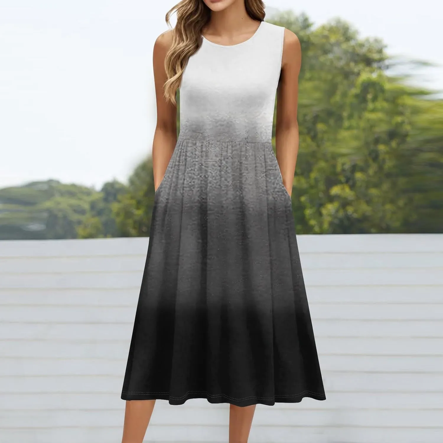 Summer Dresses for Women 2025 Casual Loose Fit Crew Neck Sleeveless Sundresses Elegant Comfy Floral Graphic Dress with Pocket