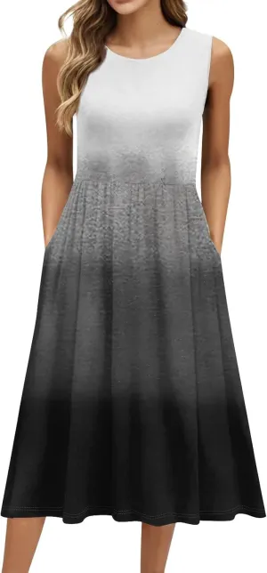 Summer Dresses for Women 2025 Casual Loose Fit Crew Neck Sleeveless Sundresses Elegant Comfy Floral Graphic Dress with Pocket