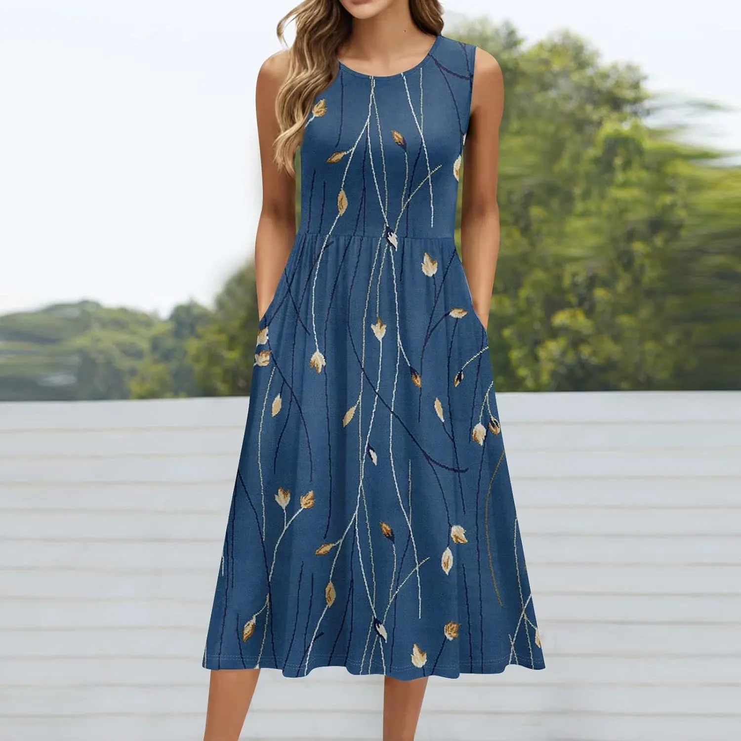 Summer Dresses for Women 2025 Casual Loose Fit Crew Neck Sleeveless Sundresses Elegant Comfy Floral Graphic Dress with Pocket
