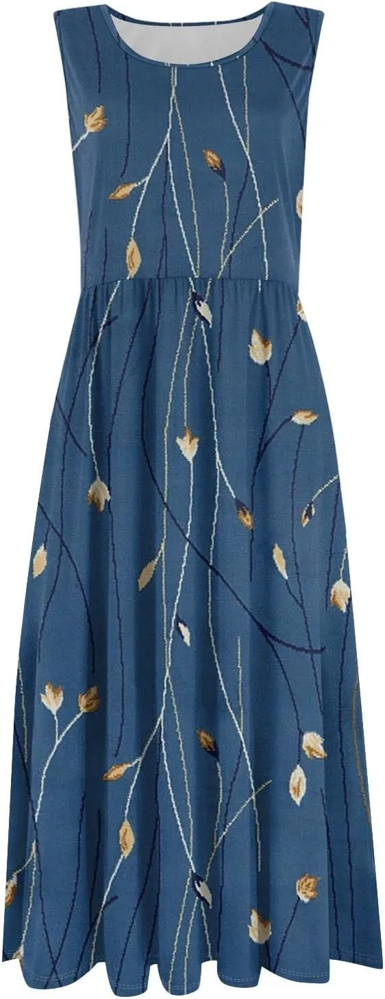 Summer Dresses for Women 2025 Casual Loose Fit Crew Neck Sleeveless Sundresses Elegant Comfy Floral Graphic Dress with Pocket