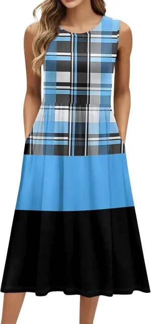 Summer Dresses for Women 2025 Casual Loose Fit Crew Neck Sleeveless Sundresses Elegant Comfy Floral Graphic Dress with Pocket