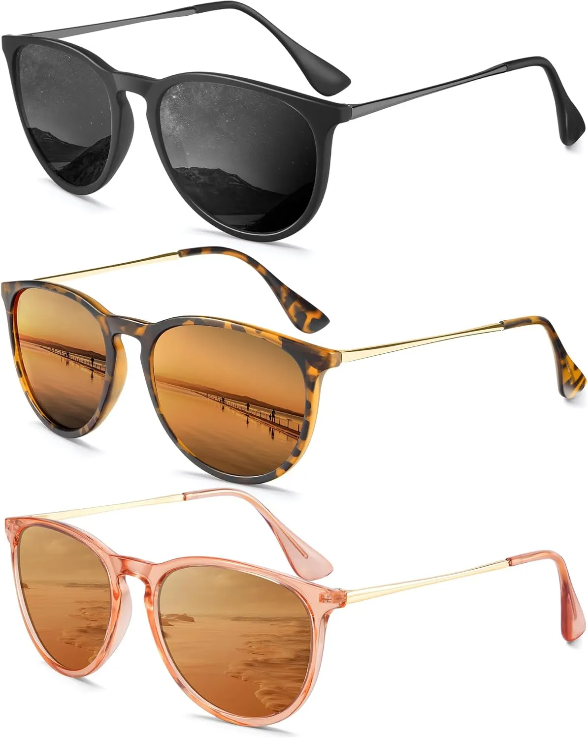 Sunglasses Womens Polarized Sunglasses-Women: Retro Round Sun Glasses with UV400 Protecion Trendy 3 Pack