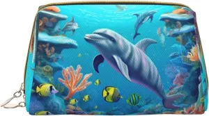 Travel Toiletry Bag Seabed Coral Fish Dolphins Printing Large Capacity Leather Waterproof Cosmetic Bags Cute Travel For Women Makeup Bag Organizer Zipper Pouch Skincare Bag