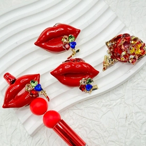 Vivid Exquisite Alloy Red Lipstick with Four Leaf Clover, Red Oval Pearls, Butterfly, Colorful Heart Rhinestones, Star, Heart Diamonds, and Clay Beads, Around 42*24MM